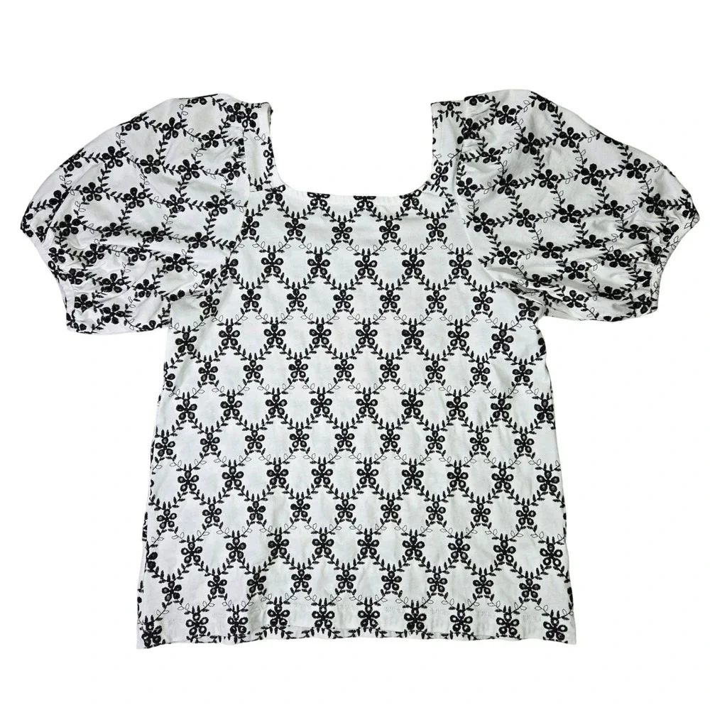 LOFT Womens XS White Black Eyelet Embroidered Puff Sleeve Square Neck Top 586416